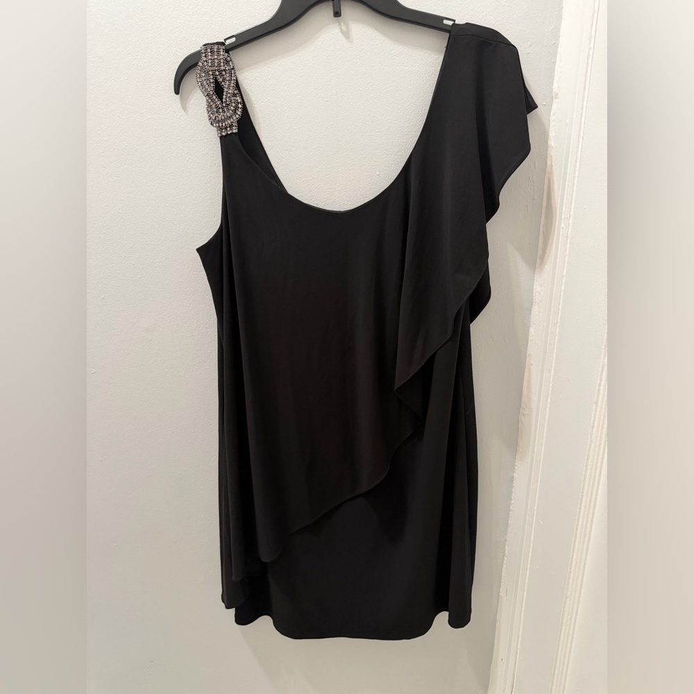 Betsy & Adam Black One-Shoulder Ruffle Dress with Jeweled Accent